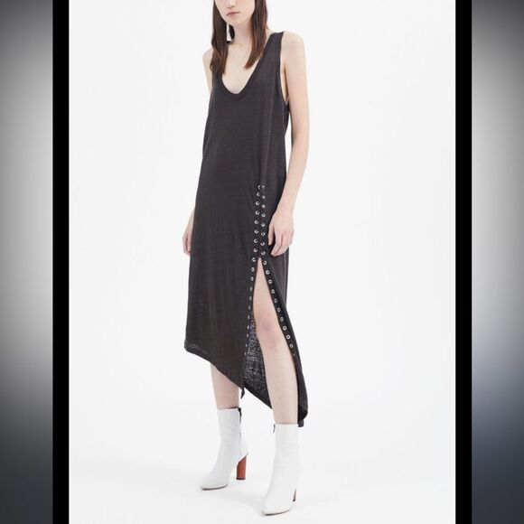 IRO Karossi Charcoal Sleeveless Burnout Knit 100% Linen Lace Up Midi Dress M - Picture 1 of 11